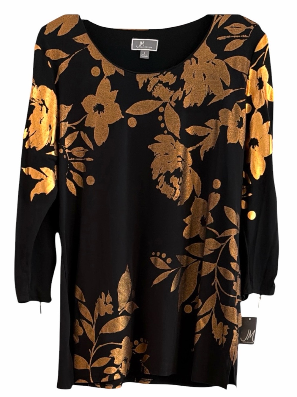 JM Collection NWT Black Copper Foil Floral Top 3/4 Zip Sleeve Side Slit L